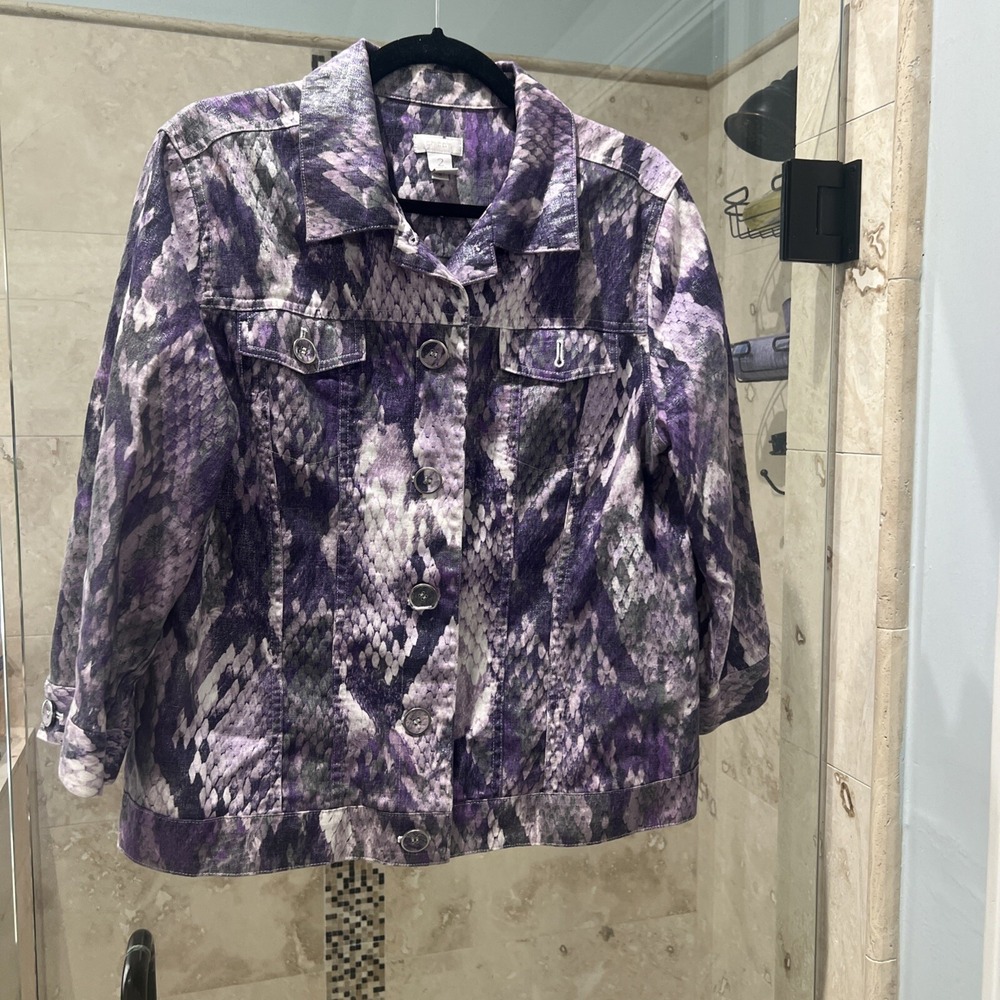 Chicos Atalia Purple Metallic Snake Print Jean Jacket 2 US Large Linen Cotton